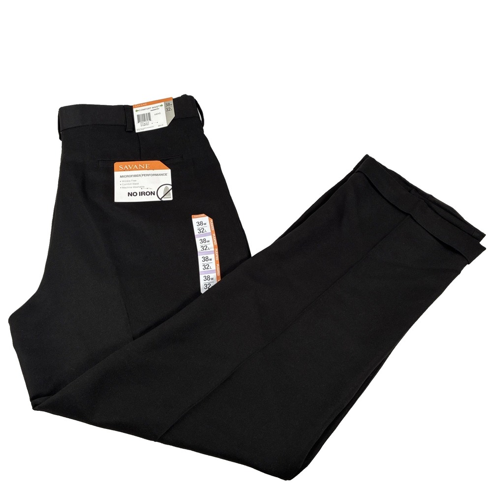 New Mens Savane Pleated Comfort Waist Chino Pants Size 38x32 Black Microfiber
